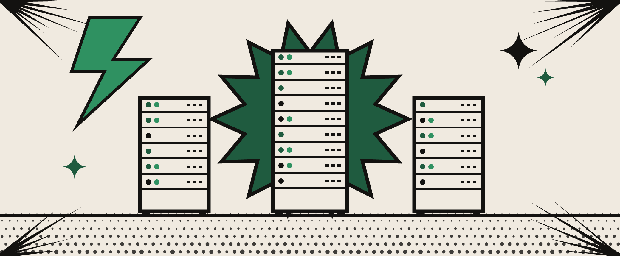 Illustration: data centre towers under an action burst